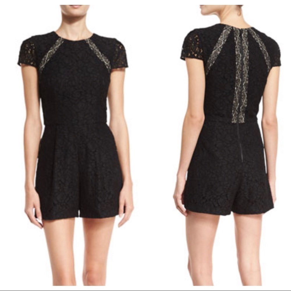 Alice Olivia Revolve  black beige Rozzi lace shorts romper jumpsuit pockets 6